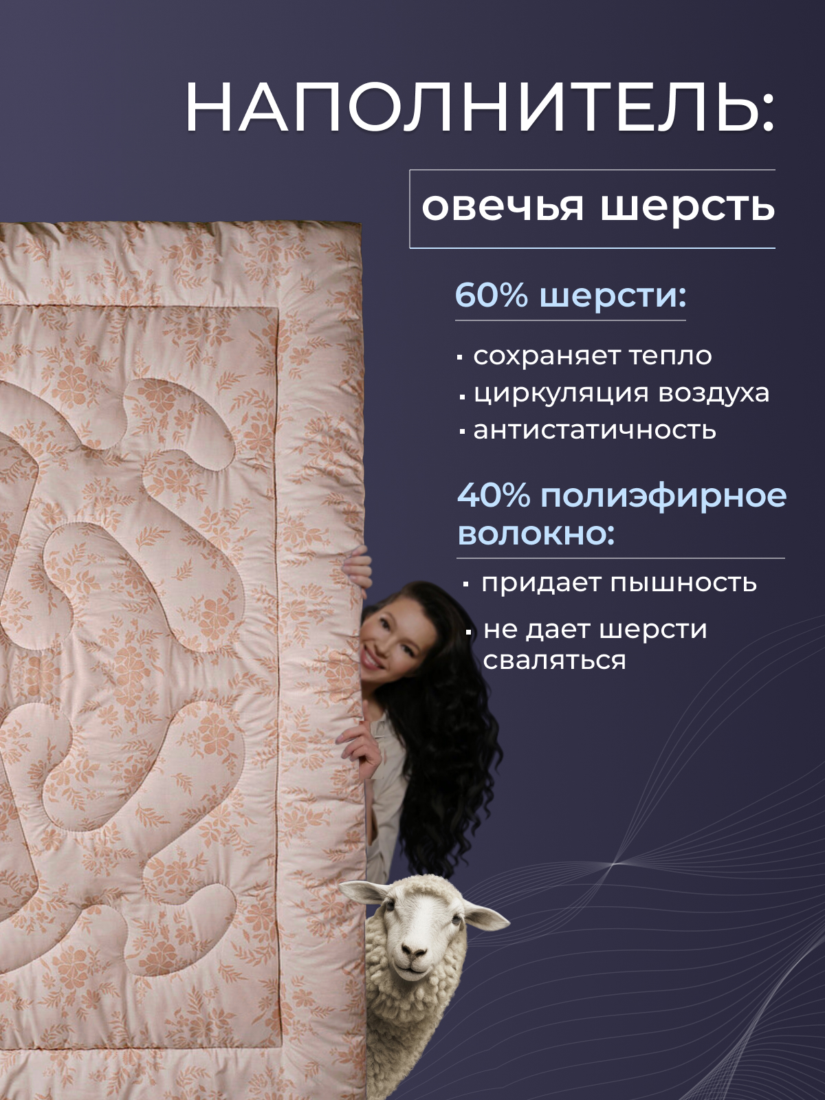 Одеяло овечья шерсть тк поплин Реноме